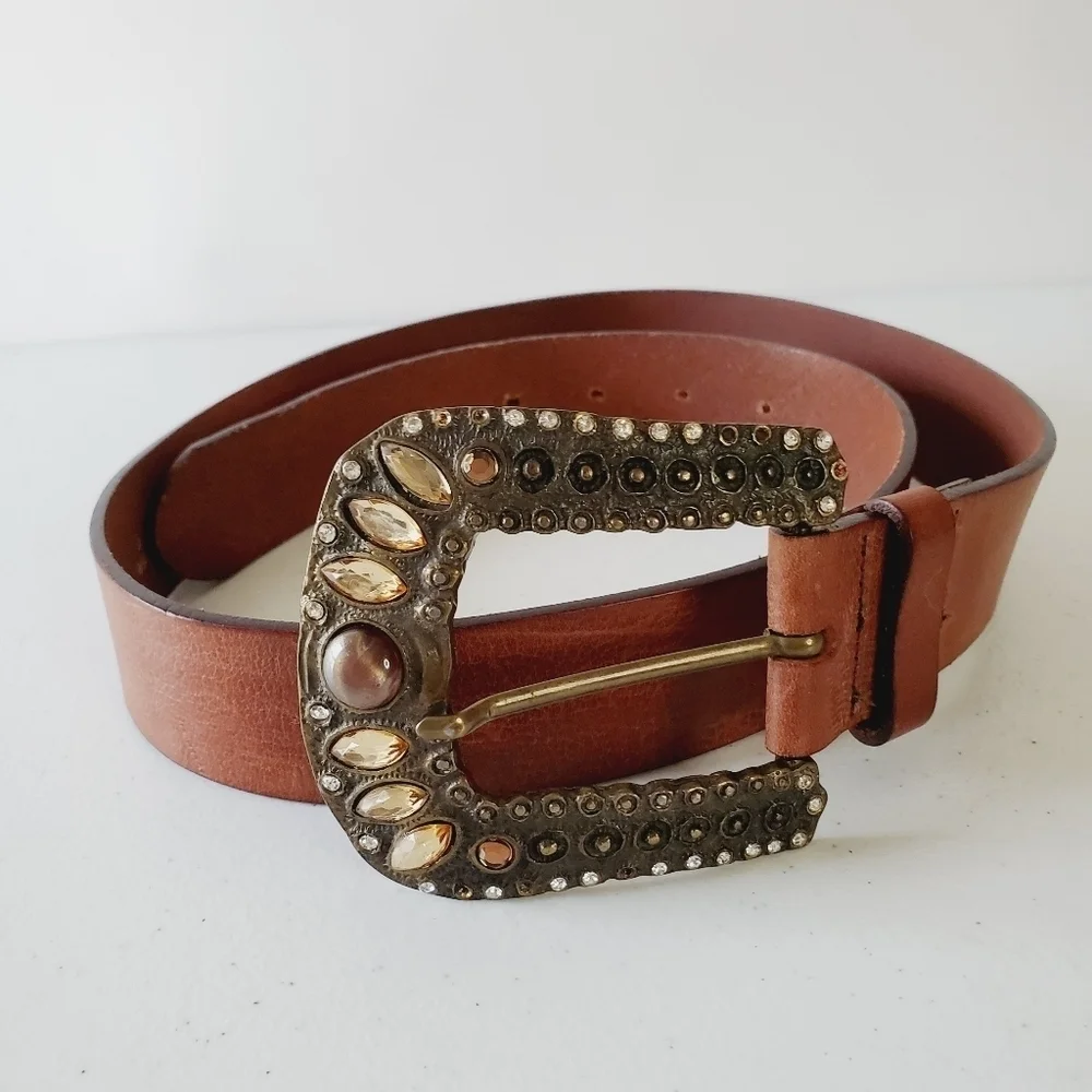 Fabio Corti Genuine Leather Belt Brown Jeweled Beaded Oversized Buckle‎ Italy